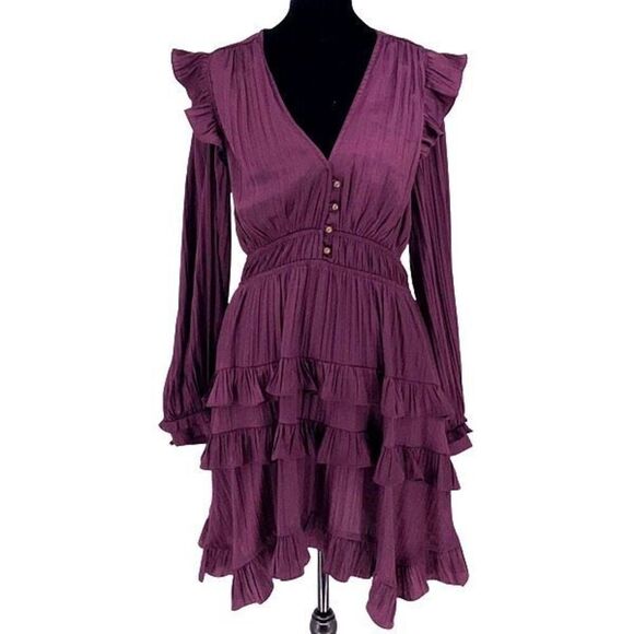 Anthropologie Womens Ruffle Long Sleeve Layered Fit and Flare Dress Purple Eggpl - Picture 1 of 14